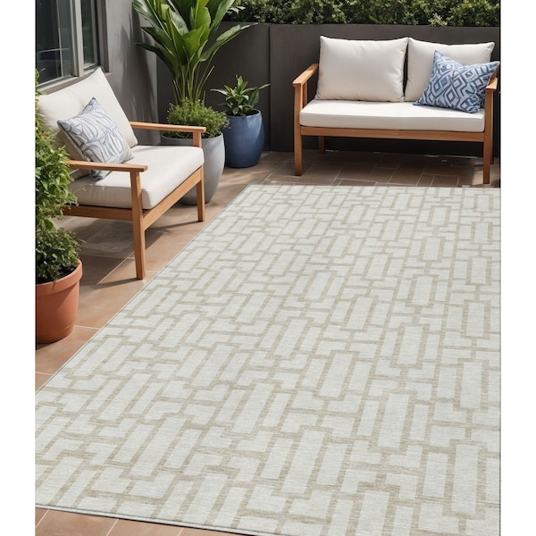 Homeroots 5' X 8' Ivory And Beige Geometric Washable Indoor Outdoor Area Rug 594852 - main