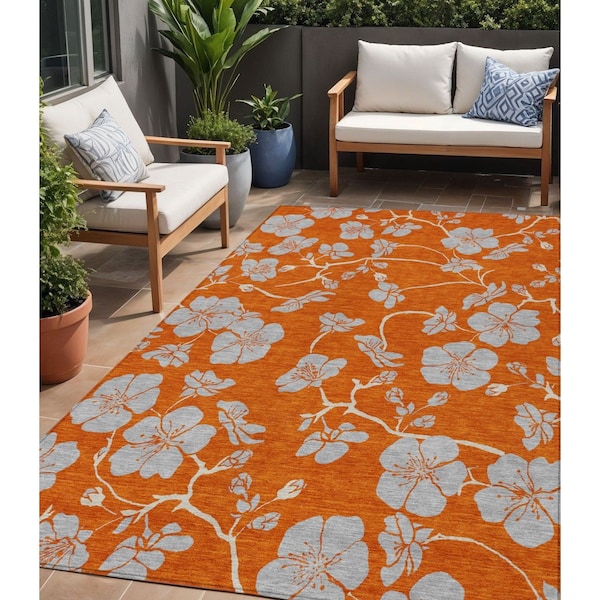 Homeroots 5' X 8' Orange And Gray Floral Washable Indoor Outdoor Area Rug 600031 - main