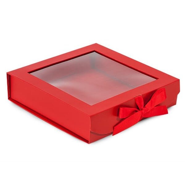 Nashville Wraps Red Folding Box with Window and Ribbon Closures, 8x8x2in, 18PK FBB8RE - main