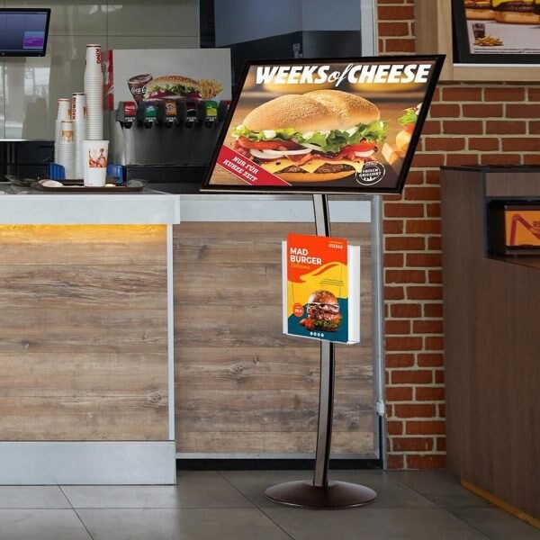 M&T Displays Black 18 x 24 Inch Pedestal Sign Holder with Clear Brochure Holder Menu Board Floor Standing UCUMBB1518X9002 - main