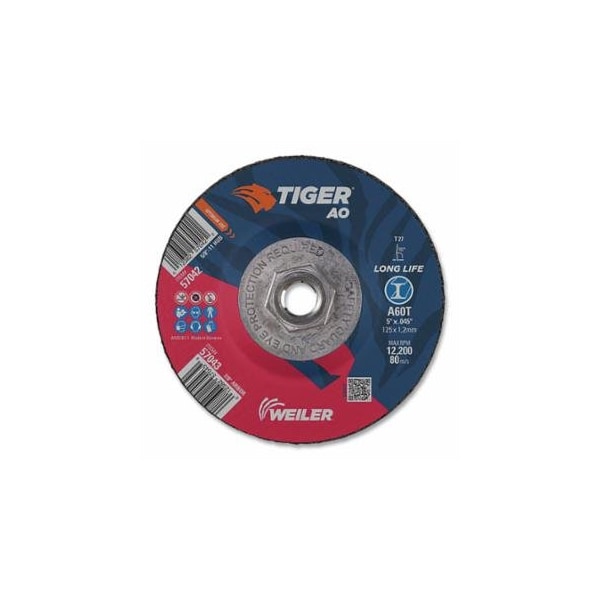 Weiler Tiger AO Cutting Wheel, 5 in dia x 0.045 in Thick, 5/8 -11 in UNC Arbor, A60T, Type 27, 10PK 804-57042 - main