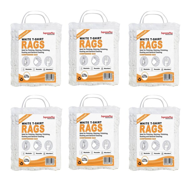 Supremeplus Recycled White Knit T-Shirt Cleaning Rags, 4 lbs. Bag, Pack of 6, 6PK SP-8131 - main