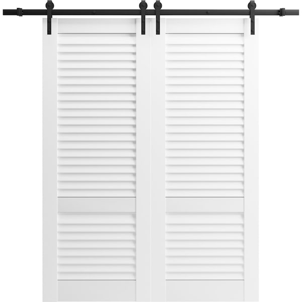 Sartodoors Double Barn Door 84 x 80 inches, Louver 3388 Primed Wh1te, 14FT Rail Track Set, Louvered Interior LOUVER3388DB-PRI-6496 - main