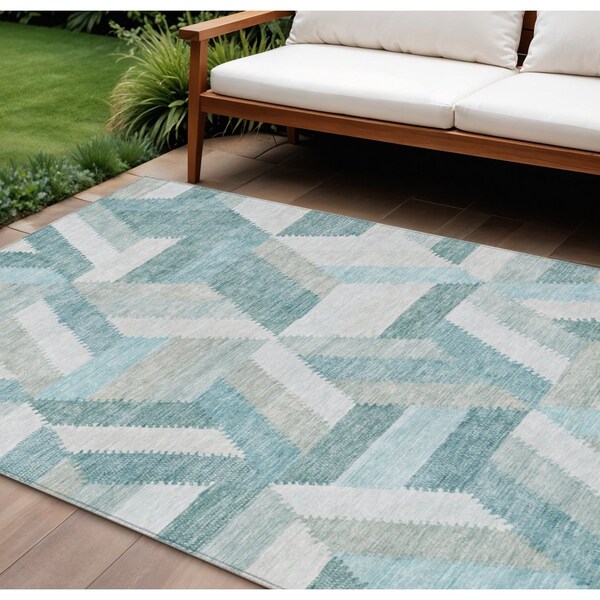 Homeroots 9' X 12' Teal Blue Geometric Washable Indoor Outdoor Area Rug 608074 - main