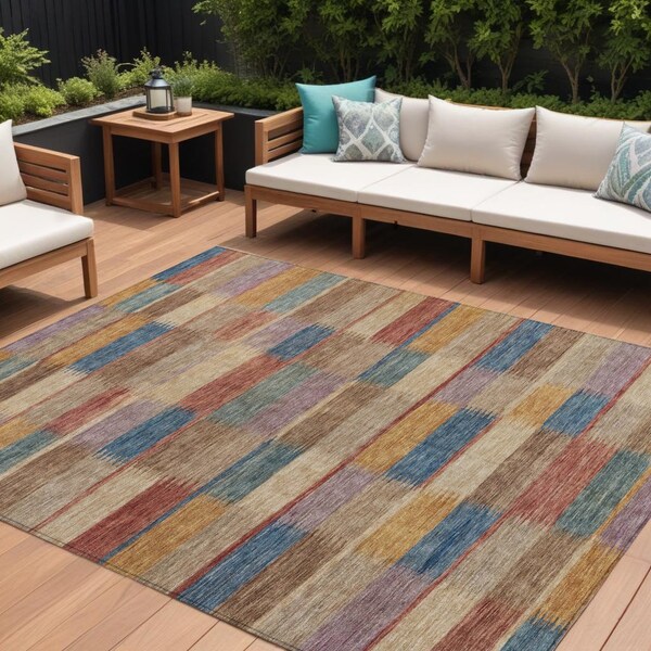 Homeroots 9' X 12' Beige Blue And Gold Striped Washable Indoor Outdoor Area Rug 615468 - main