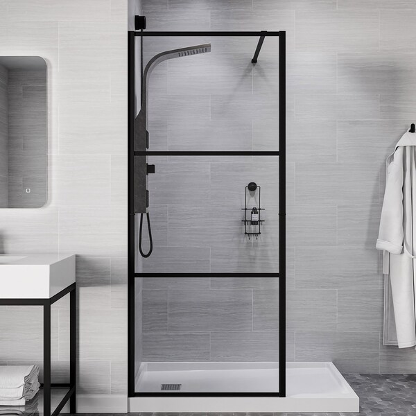 Anzzi 34 in. x 78 in. Fixed Frameless Shower Door in Matte Black w/ Tsunami Guard Tempered Clear Glass SD-AZFL06002MB - main