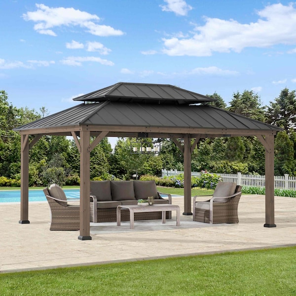 Sunjoy 12x16 ft. Wood Gazebo, Outdoor Patio Steel Hardtop Gazebo, Cedar Framed Wooden Gazebo, Dark Brown A1020326P0 - main