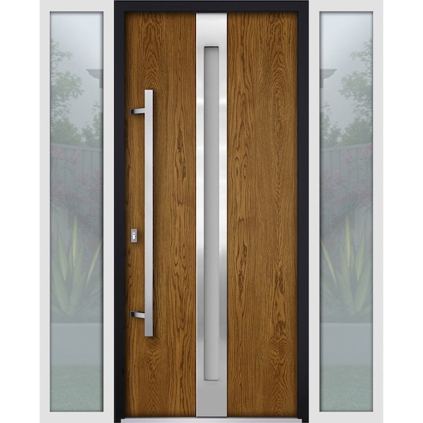 Vdomdoors Steel Door Deux 1744 Natural Oak 2 Sidelight Exterior White Windows Stainless Inserts Single Modern DEUX1744EXD-OAKW-W16+36+16xH80-RH-O - main
