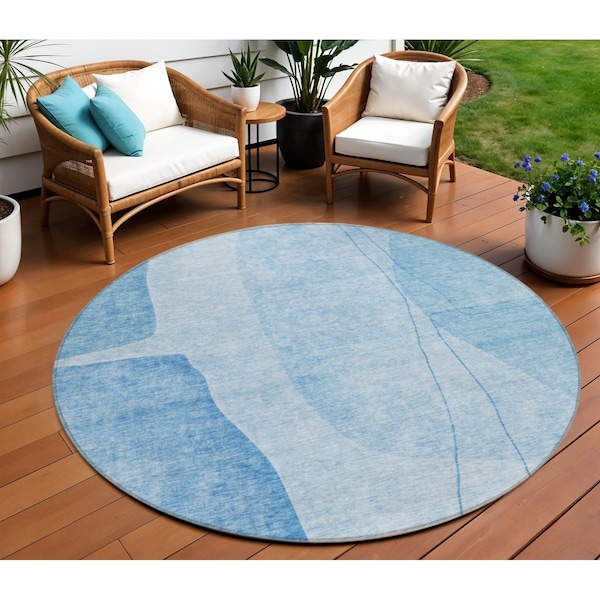 Homeroots 8' Denim Blue And Sky Blue Round Abstract Washable Indoor Outdoor Area Rug 582010 - main
