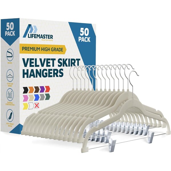 Lifemaster Velvet Skirt Hangers, Adjustable Clips, 360 Deg Swivel Hook, Non-Slip, Holds 10 lbs, Ivory, 50PK LMVSH50IV - main