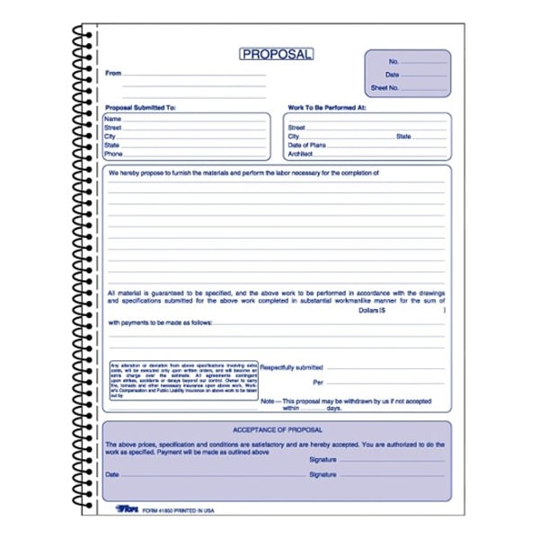 Tops Products TOPS, Spiralbound Proposal Form Book, 8 1/2 X 11, Two-Part Carbonless, 50PK 41850 - main