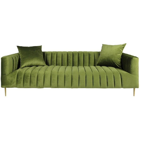 Homeroots 90" Olive Green Velvet Sofa And Toss Pillows With Gold Legs 489537 - main