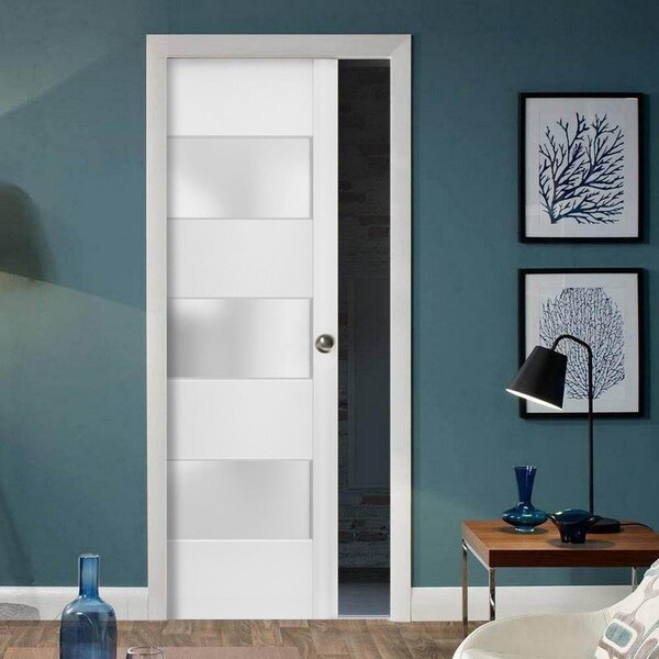 Sartodoors Sliding French Pocket Door 3 Lites, Lucia 4070 White Silk with Frosted Glass, Kit Trims Rail Hardwa LUCIA4070PD-WS-18 - main