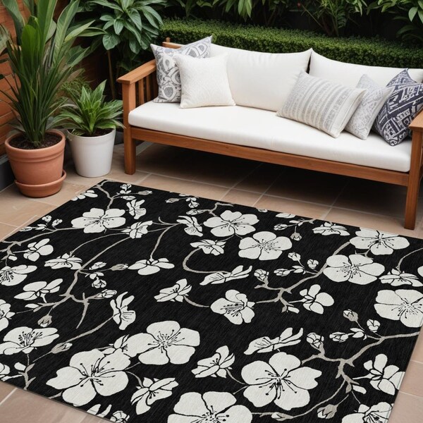 Homeroots 8' X 10' Black Ivory And Gray Floral Washable Indoor Outdoor Area Rug 599865 - main