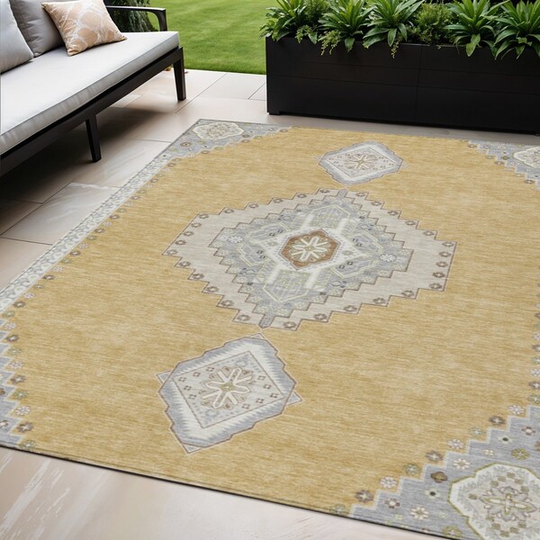 Homeroots 5' X 8' Gold Gray And Ivory Oriental Washable Indoor Outdoor Area Rug 598407 - main