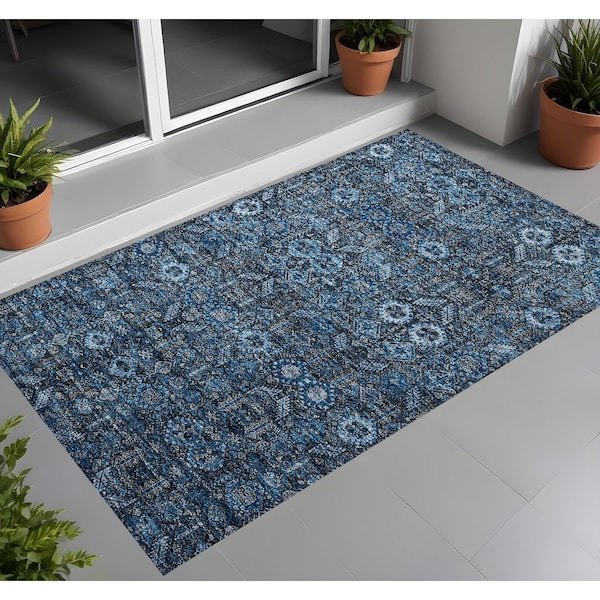 Homeroots 3' X 5' Blue And Black Floral Washable Indoor Outdoor Area Rug 564305 - main