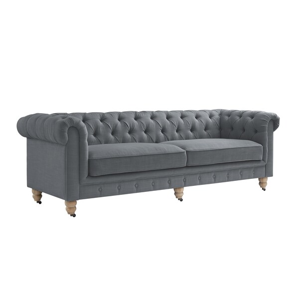 Homeroots 92" Dark Gray Linen Chesterfield Wood Sofa 543989 - main