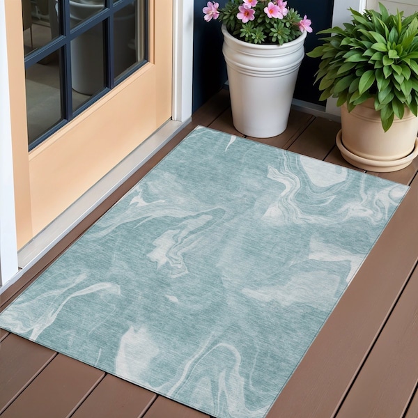 Homeroots 8' X 10' Teal Blue And Aqua Abstract Washable Indoor Outdoor Area Rug 587491 - main