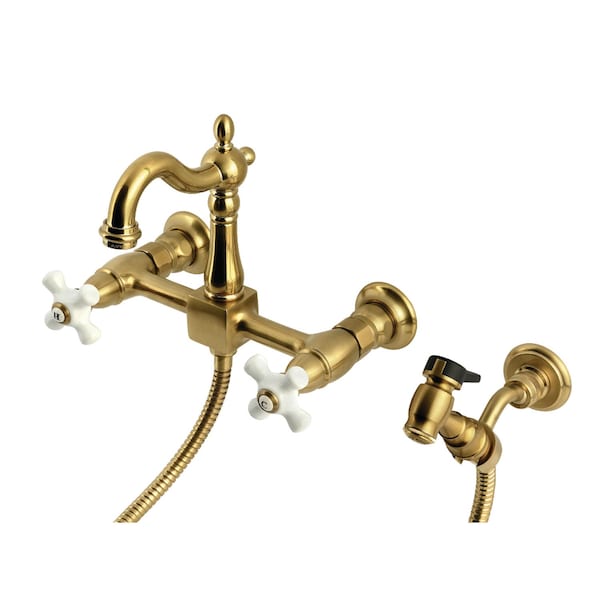Kingston Brass Two-Handle Wall Mount Bridge Kitchen Faucet with Brass Sprayer, Brushed Brass KS2447PXBS - main