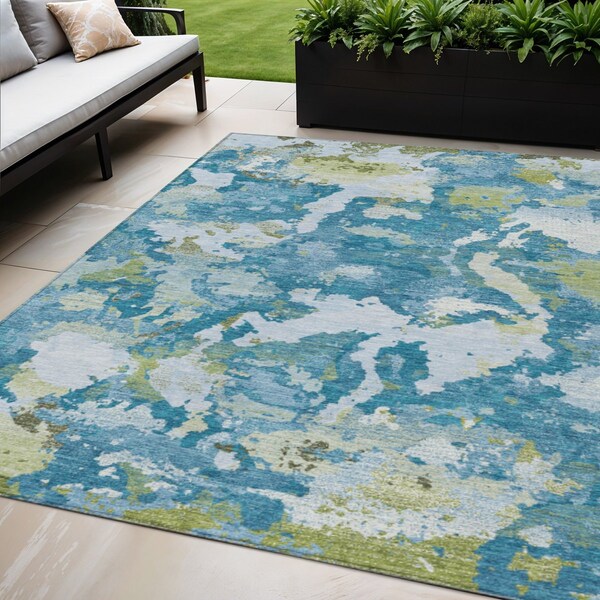 Homeroots 5' X 8' Denim Blue And Olive Green Abstract Washable Indoor Outdoor Area Rug 609595 - main