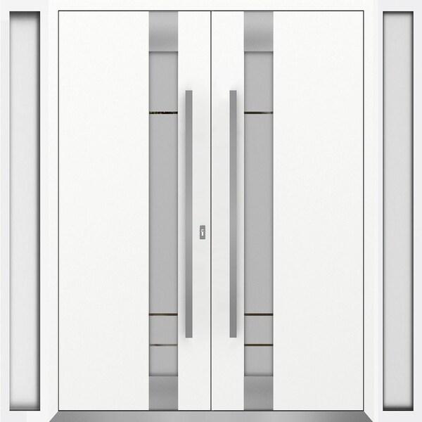 Vdomdoors Aluminum Double Doors Deux 1713 White Enamel Frosted Glass 2 Sidelights Entry Modern Painted 100x96 DEUX1713DEXD-BEM-W14+72+14xH96-LH-I - main