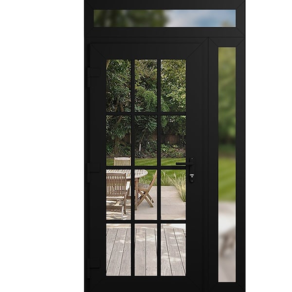 Vdomdoors Front Exterior Prehung Metal-Plastic Door Clear Glass / MANUX 8355 Matte Black / Office Commercial MANUX8355EXD-BLK-W36+16xH80+14-RH-I - main