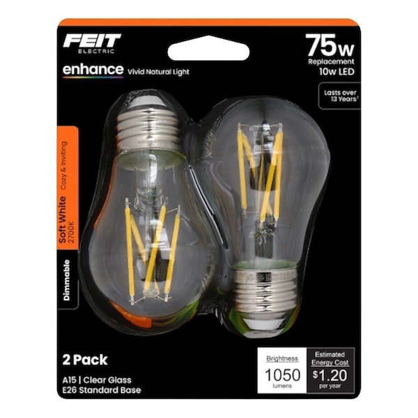 Feit Electric /2/RP LED Bulb, A15 Lamp, 75 W Equivalent, E26 Lamp Base, Yes, Clear, Soft White, 2PK BPA1575927CAFIL - main