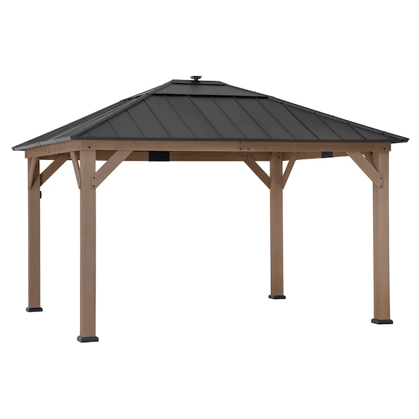 Sunjoy 11ft x 13ft Grayden Wood Gazebo , Outdoor Patio Solar Powered Hardtop Gazebo, One-Tier Metal Roof A102005891 - main