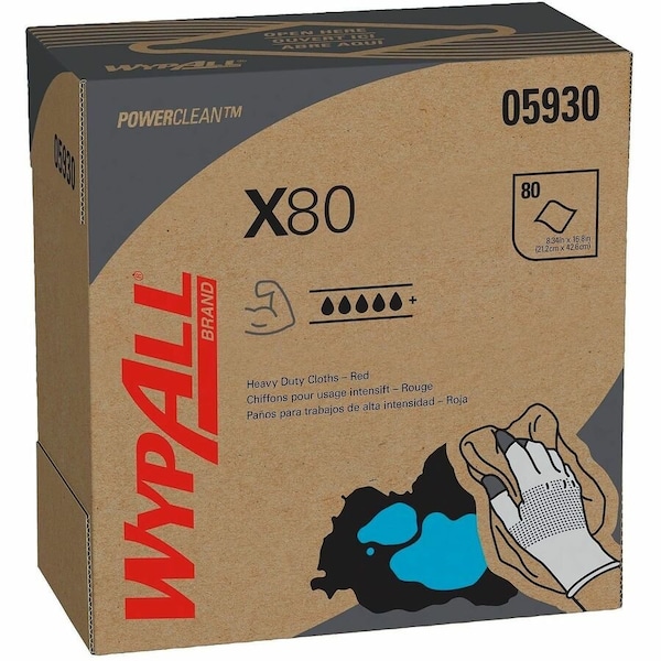 Wypall WypAll Power Clean X80 Heavy Duty Cloths (05930), Pop-Up Box, Red, 80 Sheets / Box, es / Case, PK5 05930 - main