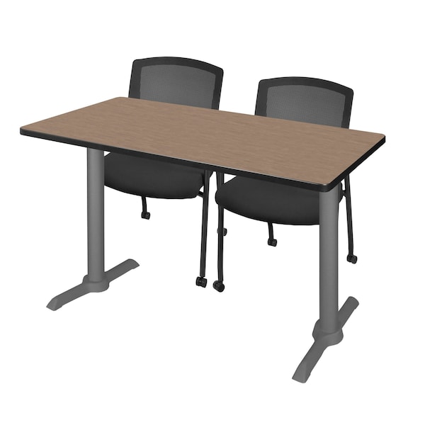 Regency Kobe T-Base Training Seminar Table W/ 2 Knight Mesh Chairs, 48 in W, 24 in L, Noble Oak MTRCT4824NOGY56CBK - main