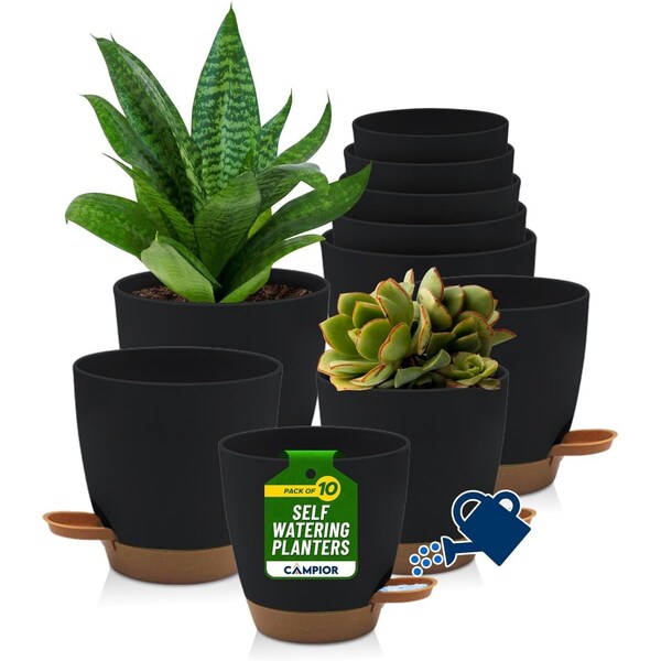 Campior Black Self Watering Pots Indoor and Outdoor Plant Pots with Wick Rope and Drainage Holes, 10PK CAMPPLTBK87 - main