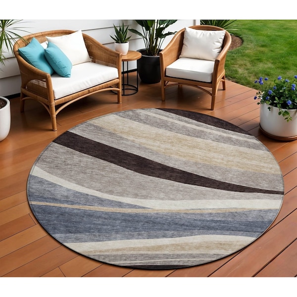 Homeroots 8' Blue Brown And Beige Round Abstract Washable Indoor Outdoor Area Rug 603679 - main