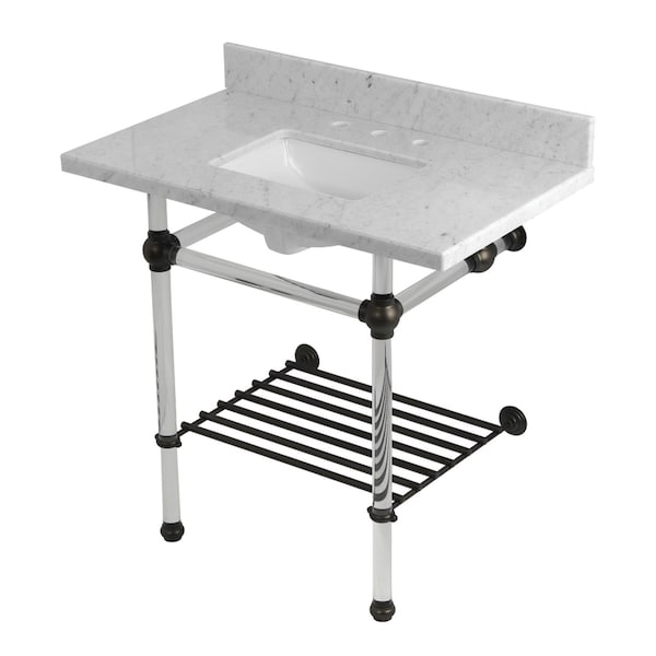 Kingston Brass 36-Inch Carrara Marble Console Sink with Acrylic Legs and Shelf, 8-Inch, 3-Hole KVPB36MASQB5 - main
