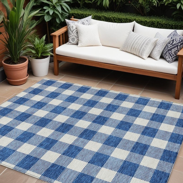 Homeroots 10' X 14' Navy Blue And Gray Plaid Washable Indoor Outdoor Area Rug 595414 - main