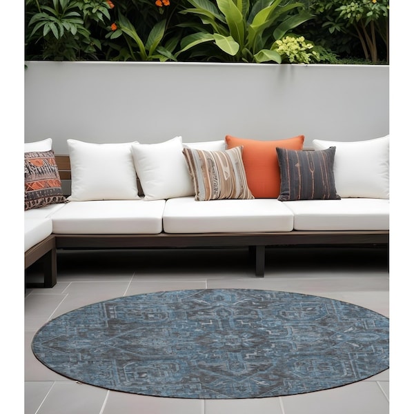 Homeroots 8' Black Round Oriental Washable Indoor Outdoor Area Rug 563831 - main