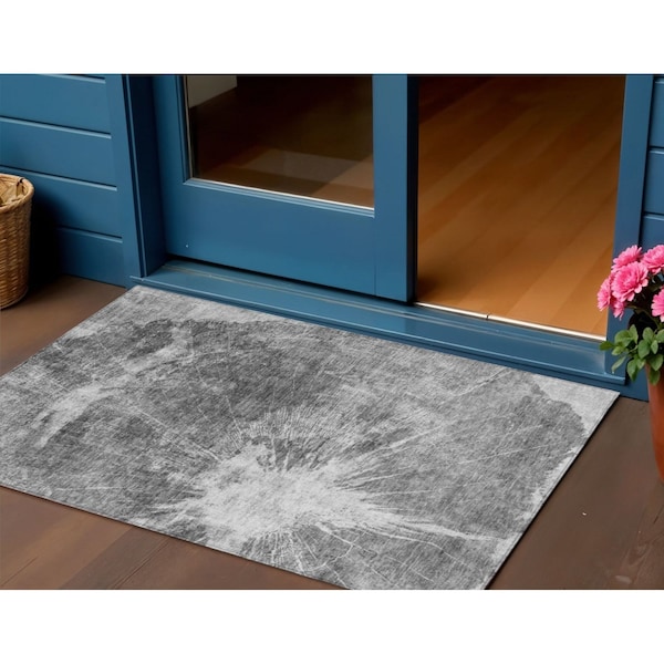 Homeroots 3' X 5' Gray Charcoal And Silver Abstract Washable Indoor Outdoor Area Rug 582950 - main