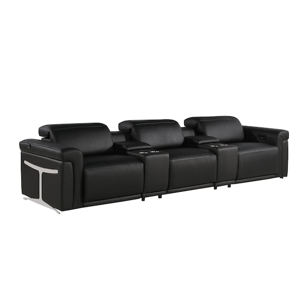 Homeroots 126" Black Top Grain Leather Reclining Metal USB Sofa 720365 - main