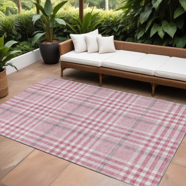 Homeroots 9' X 12' Blush Gray And Ivory Plaid Washable Indoor Outdoor Area Rug 601462 - main
