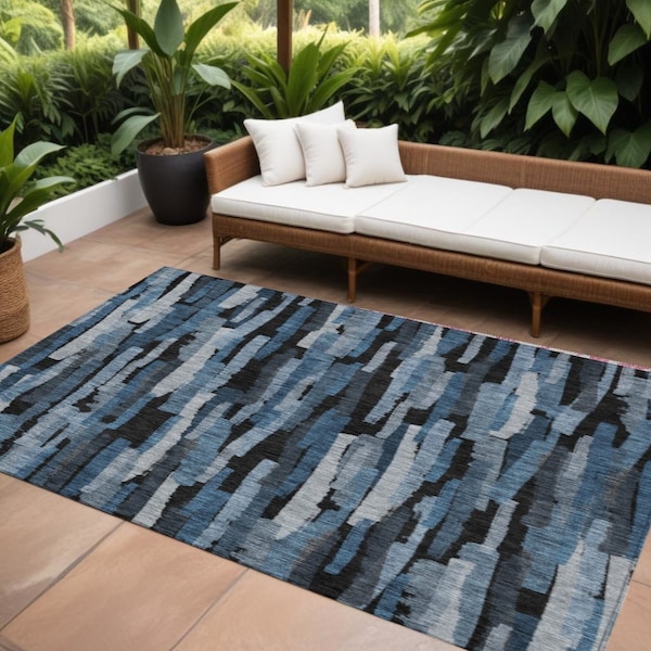 Homeroots 10' X 14' Blue Black And Gray Striped Washable Indoor Outdoor Area Rug 603220 - main