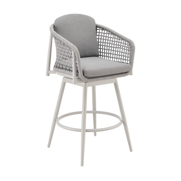 Armen Living Rhodes Outdoor Patio Swivel Counter Stool in Aluminum with Light Gray Rope and Cushions LCRHBALGRY26 - main