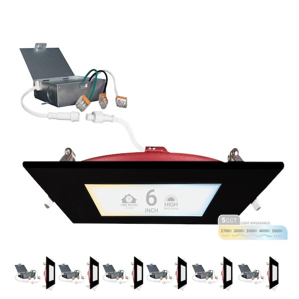 Nuwatt 6 Inch 2 Hour Black Square Fire Rated Recessed Lighting, Wafer LED Lights 2700K-5000K, 1200LM, 6PK NW-P-SQDL-6-15W-5CT-FR-BLK-6P - main