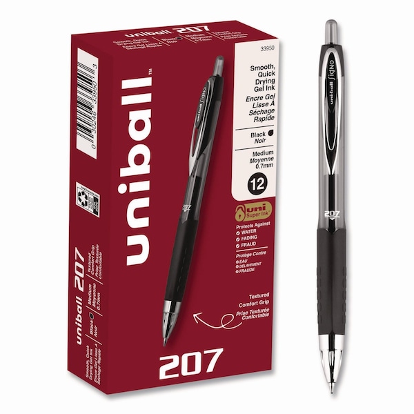 Uni-Ball Signo 207 Gel Pen, Retractable, Medium 0.7 mm, Black Ink/Barrel, PK12 33950 - main