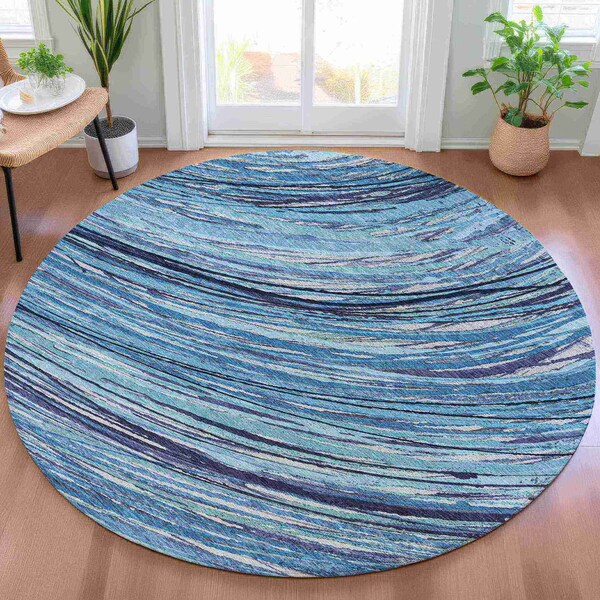 Homeroots 8' Blue Aqua And Ivory Round Abstract Washable Indoor Outdoor Area Rug 631235 - main