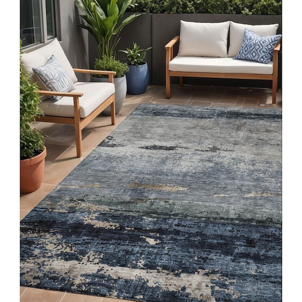 Homeroots 5' X 8' Navy Blue Gray And Black Abstract Washable Indoor Outdoor Area Rug 605962 - main