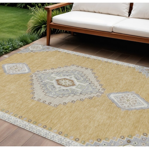 Homeroots 9' X 12' Gold Gray And Ivory Oriental Washable Indoor Outdoor Area Rug 598410 - main