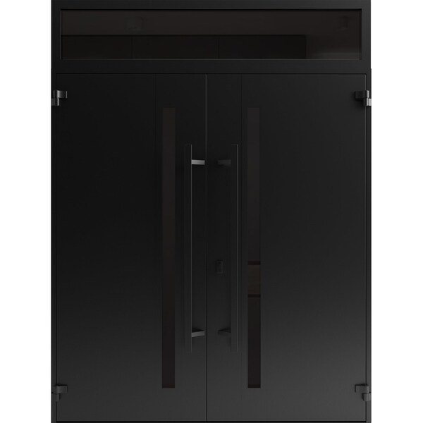 Vdomdoors Front Exterior Prehung Aluminum Double Doors Ronex1033 Teak Top Transom Mirrored Clear Glass Entry RONEX1033DEXD-OAK-W72xH96+16-LH-I - main