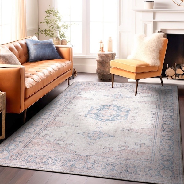 World Rug Gallery Vintage Bohemian Machine Washable Non Slip Area Rug 4 ft x 6 ft Beige 6024BEIGE4X6 - main