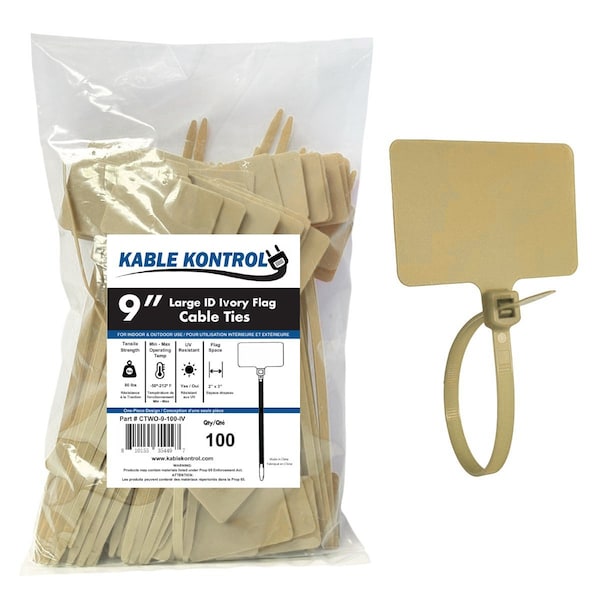 Kable Kontrol Identification & Tamper Proof Cable Zip Ties, 9 in L, Ivory, Nylon Co-polymer, 80 lbs Strength CTWO-9-100-IV - main