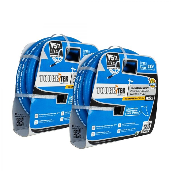 Blu Shield Tough Tek 1/2in. x 15' Pressure Washer Hose, 4000-16000 PSI, 2PK TTPW1215-NM-2pk - main