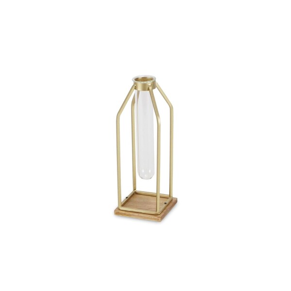 Homeroots 11" Gold Clear And Natural Metal Glass And Wood Test Tube Table Vase 488186 - main